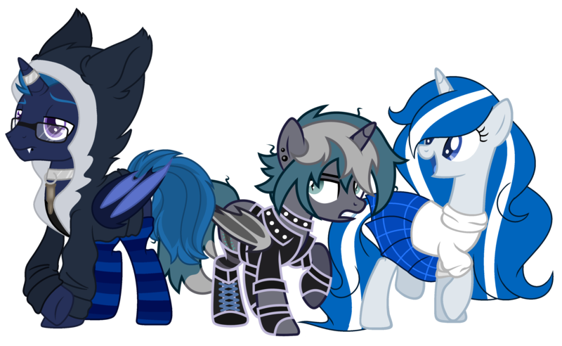 Size: 3537x2177 | Tagged: safe, artist:cosmicwitchadopts, artist:midnightamber, artist:oyks, derpibooru import, oc, oc:balmoral, oc:elizabrat meanfeather, oc:icey wicey, ponified, unofficial characters only, alicorn, bat pony, bat pony alicorn, pony, unicorn, derpibooru community collaboration, 2021 community collab, alicorn oc, bat pony oc, bat wings, boots, bullet, choker, clone, clothes, collar, ear piercing, earring, female, fingerless gloves, glasses, gloves, hoodie, horn, horn ring, jacket, jewelry, kilt, leather jacket, lip piercing, male, mare, nation ponies, open mouth, piercing, ponysona, raised hoof, raised leg, ring, scotland, shirt, shoes, simple background, socks, spiked choker, stallion, striped socks, sweater, transparent background, trio, wings