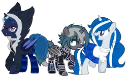 Size: 3537x2177 | Tagged: safe, artist:cosmicwitchadopts, artist:midnightamber, artist:oyks, derpibooru import, oc, oc:balmoral, oc:elizabrat meanfeather, oc:icey wicey, ponified, unofficial characters only, alicorn, bat pony, bat pony alicorn, pony, unicorn, derpibooru community collaboration, 2021 community collab, alicorn oc, bat pony oc, bat wings, boots, bullet, choker, clone, clothes, collar, ear piercing, earring, female, fingerless gloves, glasses, gloves, hoodie, horn, horn ring, jacket, jewelry, kilt, leather jacket, lip piercing, male, mare, nation ponies, open mouth, piercing, ponysona, raised hoof, raised leg, ring, scotland, shirt, shoes, simple background, socks, spiked choker, stallion, striped socks, sweater, transparent background, trio, wings
