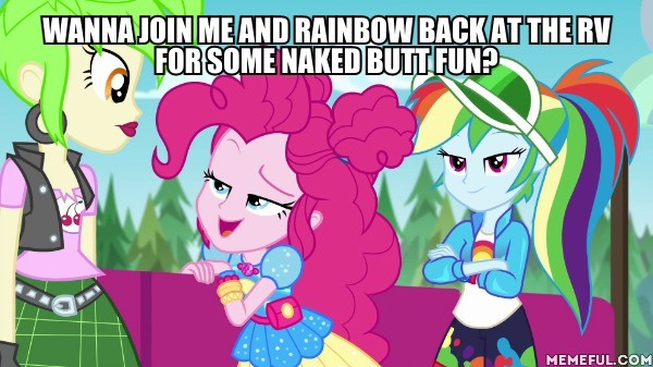 Size: 600x337 | Tagged: suggestive, derpibooru import, edit, edited screencap, screencap, cherry crash, pinkie pie, rainbow dash, equestria girls, equestria girls series, sunset's backstage pass!, spoiler:eqg series (season 2), caption, ear piercing, earring, female, image macro, jewelry, music festival outfit, piercing, secret butt fun, text