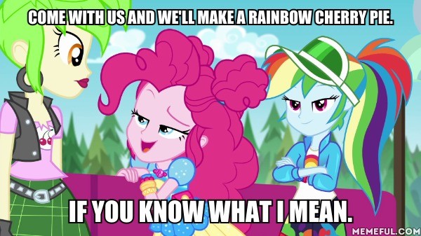 Size: 600x337 | Tagged: suggestive, derpibooru import, edit, edited screencap, screencap, cherry crash, pinkie pie, rainbow dash, equestria girls, equestria girls series, sunset's backstage pass!, spoiler:eqg series (season 2), caption, ear piercing, earring, female, image macro, jewelry, memeful.com, music festival outfit, piercing, text, trio, trio female