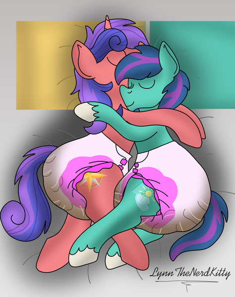 Size: 1011x1280 | Tagged: questionable, artist:lynnthenerdkitty, derpibooru import, oc, oc:daydream flurry, oc:polaris star, earth pony, pony, unicorn, commission, diaper, diaper fetish, fetish, messy diaper, sleeping, snuggling, tired