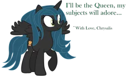 Size: 12598x7600 | Tagged: safe, alternate version, artist:laszlvfx, artist:pegasski, derpibooru import, queen chrysalis, ponified, alicorn, pony, absurd resolution, alternate design, alternate hairstyle, alternate universe, cute, female, happy, high res, mare, raised hoof, simple background, smiling, text, transparent background, vector