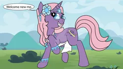Size: 1024x576 | Tagged: safe, artist:jav-toons, derpibooru import, cauldron bubbles, oc, oc:james "jimmy" thomas hook, pony, unicorn, accessories, character to character, clothes, grin, smiling, talking, talking to herself, transformation, transformation sequence, transformed, transgender transformation