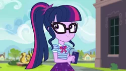 Size: 1280x720 | Tagged: safe, derpibooru import, screencap, sci-twi, twilight sparkle, equestria girls, equestria girls series, text support, bowtie, canterlot high, clothes, cutie mark, cutie mark on clothes, geode of telekinesis, glasses, magical geodes, mobile phone, phone, ponytail, smartphone, solo