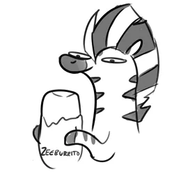 Size: 3000x3000 | Tagged: safe, artist:tjpones, derpibooru import, oc, unofficial characters only, zebra, black and white, burrito, food, grayscale, hoof hold, monochrome, simple background, solo, white background, zebra oc, zeeb