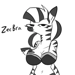 Size: 3000x3000 | Tagged: suggestive, artist:tjpones, derpibooru import, oc, unofficial characters only, anthro, zebra, belly button, big breasts, black underwear, bra, breasts, cleavage, clothes, female, huge breasts, pun, simple background, solo, solo female, underwear, white background, zebra oc