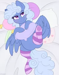 Size: 867x1100 | Tagged: safe, artist:higgly-chan, derpibooru import, oc, unofficial characters only, pegasus, pony, blushing, clothes, featureless crotch, pillow, smiling, socks, solo, spread wings, wings