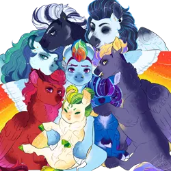 Size: 1280x1280 | Tagged: safe, artist:theartfox2468, derpibooru import, rainbow dash, soarin', oc, oc:azure sky, oc:cascade mist, oc:cloudy cumulonimbus contrail, oc:crimson wind, oc:lightning bolt spectrum, oc:xanthia, pony, colored hooves, colt, ear piercing, earring, eyebrow piercing, family, female, filly, hair over eyes, jewelry, lip piercing, male, nose piercing, offspring, parent:rainbow dash, parent:soarin', parents:soarindash, piercing, shipping, simple background, soarindash, straight, transparent background, triplets