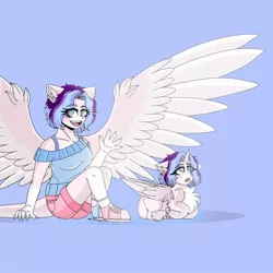 Size: 1080x1080 | Tagged: safe, artist:_.minystal._.artz._, derpibooru import, oc, unofficial characters only, alicorn, anthro, pegasus, pony, :o, alicorn oc, anthro ponidox, blue background, chest fluff, clothes, converse, duo, ear fluff, eyelashes, female, horn, looking up, mare, open mouth, pegasus oc, ponyloaf, shoes, shorts, simple background, sitting, smiling, waving, wings