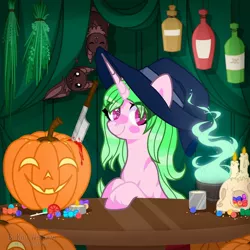 Size: 1080x1080 | Tagged: safe, artist:lacey.wonder, derpibooru import, oc, unofficial characters only, bat, pony, unicorn, bottle, bust, candle, eye clipping through hair, fire, halloween, hat, holiday, horn, jack-o-lantern, pumpkin, smiling, solo, starry eyes, table, unicorn oc, wingding eyes, witch hat