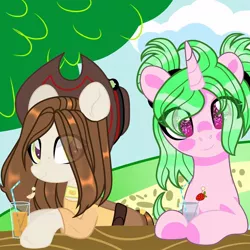 Size: 1080x1080 | Tagged: safe, artist:lacey.wonder, derpibooru import, oc, unofficial characters only, earth pony, pony, unicorn, belt, bust, clothes, colored hooves, cup, drink, duo, earth pony oc, eye clipping through hair, female, hairband, hat, horn, mare, outdoors, pants, smiling, starry eyes, tree, unicorn oc, wingding eyes