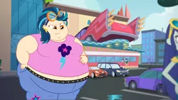 Size: 1707x960 | Tagged: suggestive, artist:deathsoul 66, artist:neongothic, derpibooru import, edit, indigo wreath, indigo zap, velvet sky, equestria girls, bbw, belly, belly button, big belly, big breasts, bingo wings, bloated, breasts, chubby cheeks, crystal prep, crystal prep academy students, double chin, fat, fat boobs, female, huge belly, morbidly obese, obese, solo, ssbbw, weight gain