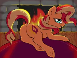 Size: 1967x1500 | Tagged: suggestive, artist:candyfossils, derpibooru import, sunset shimmer, pony, unicorn, bunset shimmer, butt, female, fire, fireplace, looking at you, lying down, mare, plot, solo, solo female