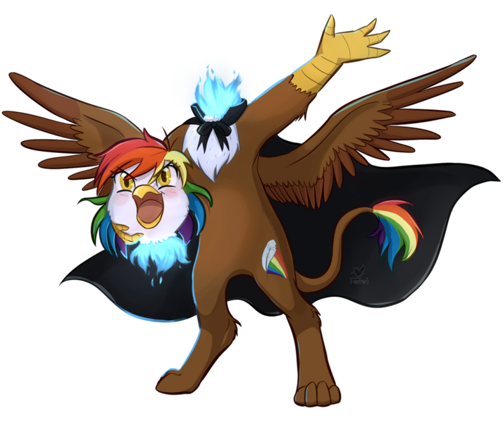 Size: 1024x861 | Tagged: safe, artist:foxhatart, derpibooru import, oc, oc:rainbow feather, dullahan, gryphon, hippogriff, cape, clothes, disembodied head, headless, interspecies offspring, magical lesbian spawn, modular, offspring, parent:gilda, parent:rainbow dash, parents:gildash, solo