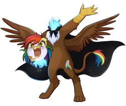 Size: 1024x861 | Tagged: safe, artist:foxhatart, derpibooru import, oc, oc:rainbow feather, dullahan, gryphon, hippogriff, cape, clothes, disembodied head, headless, interspecies offspring, magical lesbian spawn, modular, offspring, parent:gilda, parent:rainbow dash, parents:gildash, solo