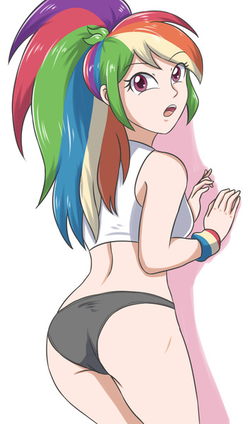 Size: 1713x2923 | Tagged: suggestive, artist:sumin6301, color edit, derpibooru import, edit, editor:michaelsety, rainbow dash, equestria girls, black underwear, breasts, busty rainbow dash, butt, clothes, colored, female, human coloration, light skin edit, looking at you, looking back, looking back at you, panties, rainbutt dash, simple background, skin color edit, solo, sports bra, sports panties, underwear, white background