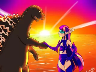 Size: 1024x768 | Tagged: safe, artist:iwankov, derpibooru import, twilight sparkle, human, kaiju, eyes closed, godzilla, godzilla (series), handshake, humanized, magic gaia, smiling, superhero