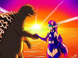 Size: 1024x768 | Tagged: safe, artist:iwankov, derpibooru import, twilight sparkle, human, kaiju, eyes closed, godzilla, godzilla (series), handshake, humanized, magic gaia, smiling, superhero