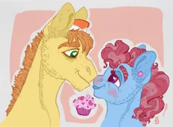 Size: 1280x936 | Tagged: safe, artist:skior, derpibooru import, carrot cake, cup cake, earth pony, pony, boop, bust, carrot cup, cupcake, cute, female, food, husband and wife, looking into each others eyes, male, noseboop, shipping, straight, the cakes