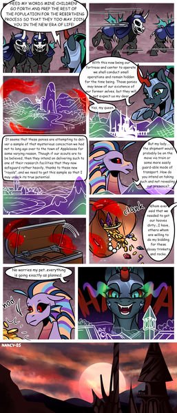 Size: 1500x3505 | Tagged: safe, artist:nancy-05, author:bigonionbean, derpibooru import, oc, oc:empress sacer malum, oc:melicus ostium, changeling, changeling queen, hybrid, pony, siren, unicorn, comic:fusing the fusions, comic:time of the fusions, absorption, armor, balcony, barrier, battle armor, bits, black sclera, comforting, comic, commissioner:bigonionbean, confused, curved horn, dark magic, female, fusion, fusion:empress sacer malum, fusion:melicus ostium, gold, headache, helmet, hologram, horn, jewelry, jewels, lightning, magic, map of equestria, money, not an alicorn, possessed, possession, pouring, rain, regalia, scroll, shaking, soaked, sombra eyes, storm, tartarus, weather, wet, wet mane