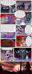 Size: 1500x3505 | Tagged: safe, artist:nancy-05, author:bigonionbean, derpibooru import, oc, oc:empress sacer malum, oc:melicus ostium, changeling, changeling queen, hybrid, pony, siren, unicorn, comic:fusing the fusions, comic:time of the fusions, absorption, armor, balcony, barrier, battle armor, bits, black sclera, comforting, comic, commissioner:bigonionbean, confused, curved horn, dark magic, female, fusion, fusion:empress sacer malum, fusion:melicus ostium, gold, headache, helmet, hologram, horn, jewelry, jewels, lightning, magic, map of equestria, money, not an alicorn, possessed, possession, pouring, rain, regalia, scroll, shaking, soaked, sombra eyes, storm, tartarus, weather, wet, wet mane