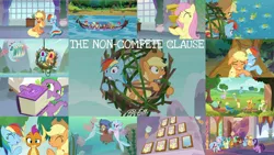 Size: 1972x1110 | Tagged: safe, derpibooru import, edit, edited screencap, editor:quoterific, screencap, applejack, fluttershy, gallus, ocellus, rainbow dash, sandbar, silverstream, smolder, spike, twilight sparkle, twilight sparkle (alicorn), yona, alicorn, biteacuda, changedling, changeling, dragon, earth pony, fish, gryphon, hippogriff, pegasus, pony, seapony (g4), yak, non-compete clause, applejack's hat, cowboy hat, dragoness, eyes closed, female, gritted teeth, hat, helmet, open mouth, student six, trophy, wall of shy