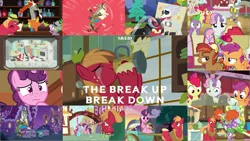 Size: 1969x1110 | Tagged: safe, derpibooru import, edit, edited screencap, editor:quoterific, screencap, apple bloom, big macintosh, button mash, chipcutter, cup cake, discord, pipsqueak, rumble, scootaloo, skellinore, snails, spike, sugar belle, sweetie belle, draconequus, dragon, earth pony, pegasus, pony, unicorn, the break up breakdown, bow, crying, cutie mark crusaders, eyes closed, female, filly, hat, male, open mouth, race swap, shocked, sir mcbiggen, unicorn big mac