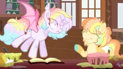 Size: 3371x1915 | Tagged: safe, artist:katelynleeann42, artist:sugaryicecreammlp, derpibooru import, oc, oc:citrus blast, oc:lunar party, unofficial characters only, bat pony, pony, book, cake, egg, female, food, mare