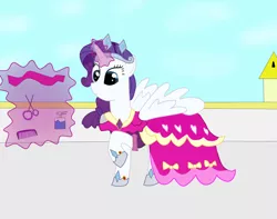 Size: 1024x805 | Tagged: alicorn, alicornified, artist:04startyonlinebc88, balcony, clothes, comb, coronation dress, crown, derpibooru import, dress, hoof shoes, jewelry, magic, race swap, raricorn, rarity, regalia, ribbon, safe, scissors, solo, spray, telekinesis