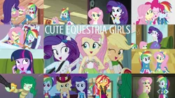 Size: 1966x1105 | Tagged: safe, derpibooru import, edit, edited screencap, editor:quoterific, screencap, applejack, fluttershy, pinkie pie, rainbow dash, rarity, roseluck, sci-twi, sunset shimmer, twilight sparkle, wallflower blush, human, equestria girls, equestria girls (movie), equestria girls series, forgotten friendship, legend of everfree, rainbow rocks, rollercoaster of friendship, better than ever, blushing, cute, eyes closed, fall formal outfits, flowerbetes, geode of empathy, geode of fauna, geode of sugar bombs, geode of super speed, hat, helping twilight win the crown, humane five, humane seven, humane six, magical geodes, musical instrument, one eye closed, open mouth, ponied up, wink
