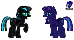 Size: 7680x4154 | Tagged: safe, artist:damlanil, derpibooru import, oc, oc:nightlight aura, oc:star eyes, pegasus, pony, duo, equal cutie mark, equalized, equalized mane, female, looking at you, mare, raised hoof, show accurate, simple background, smiling, story, transparent background, vector, wings