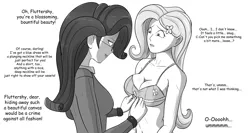 Size: 9335x4961 | Tagged: suggestive, artist:symptom99, derpibooru import, fluttershy, rarity, equestria girls, black and white, bra, breasts, busty fluttershy, cleavage, clothes, duo, duo female, e-cup bra, female, grayscale, measurements, measuring tape, monochrome, underwear