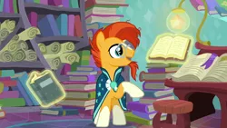 Size: 1920x1080 | Tagged: safe, derpibooru import, screencap, sunburst, pony, the crystalling, book, clothes, glasses, levitation, magic, male, raised hoof, robe, solo, stallion, sunburst's glasses, sunburst's robe, telekinesis