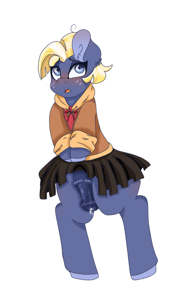 Size: 1200x1920 | Tagged: explicit, artist:moodi, derpibooru import, star tracker, earth pony, pony, adorable face, adorasexy, best boi, bipedal, blushing, clothes, crossdressing, cute, ear fluff, erection, eyebrows visible through hair, flustered, freckles, horsecock, image, looking at you, male, medial ring, necktie, nudity, open mouth, penis, png, precum, school uniform, sexy, simple background, skirt, skirt boner, skirt lift, solo, solo male, solo stallion, stallion, trackerbetes, white background