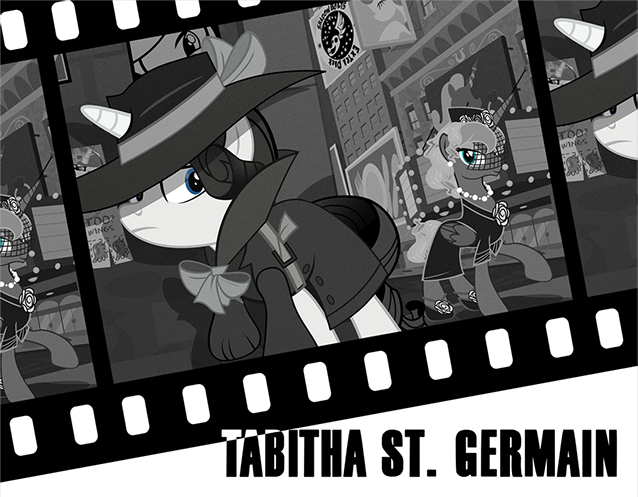 Size: 638x497 | Tagged: safe, artist:pixelkitties, derpibooru import, princess celestia, princess luna, rarity, alicorn, pony, unicorn, clothes, detective rarity, duo, female, film reel, manehattan, mare, monochrome, neo noir, noir, partial color, pixelkitties' brilliant autograph media artwork, tabitha st. germain