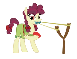 Size: 4522x3497 | Tagged: safe, artist:three uncle, derpibooru import, hilly hooffield, earth pony, pony, the hooffields and mccolts, background pony, biting, bow, clothes, female, food, hair bow, hooffield family, mare, pigtails, simple background, slingshot, solo, tomato, transparent background, vector