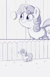 Size: 1784x2760 | Tagged: suggestive, artist:heretichesh, derpibooru import, sweetie belle, pony, unicorn, aroused, blushing, comic, female, fence, filly, glory hole, public, solo, stare, sweat, sweetiedumb