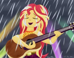 Size: 1400x1100 | Tagged: safe, artist:rockhoppr3, derpibooru import, sunset shimmer, equestria girls, equestria girls series, let it rain, spoiler:eqg series (season 2), guitar, musical instrument, rain, solo, spotlight