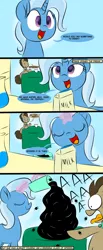 Size: 1000x2424 | Tagged: safe, artist:swivelstarsong, derpibooru import, doctor whooves, time turner, trixie, earth pony, pony, spider, unicorn, comic, dialogue, doctor whooves is not amused, duo, female, glass, juice, male, mare, milk, refrigerator, stallion, table