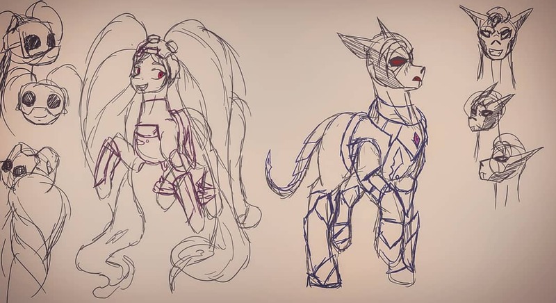 Size: 1080x589 | Tagged: safe, artist:meanagame, derpibooru import, ponified, earth pony, pony, armor, entrapta, female, goggles, hordak, lineart, male, mare, she-ra and the princesses of power, sketch, smiling, stallion