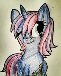 Size: 1152x1440 | Tagged: safe, artist:juliet-gwolf18, derpibooru import, oc, unofficial characters only, pony, unicorn, bust, eyelashes, female, horn, mare, one eye closed, smiling, solo, traditional art, unicorn oc, wink