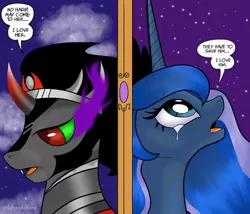 Size: 1028x881 | Tagged: safe, artist:droopihorn, derpibooru import, idw, king sombra, princess luna, alicorn, pony, unicorn, 2020, bust, crying, curved horn, eyelashes, female, horn, jewelry, looking down, looking up, lumbra, male, mare, night, shipping, sombra eyes, stallion, stars, straight, tiara