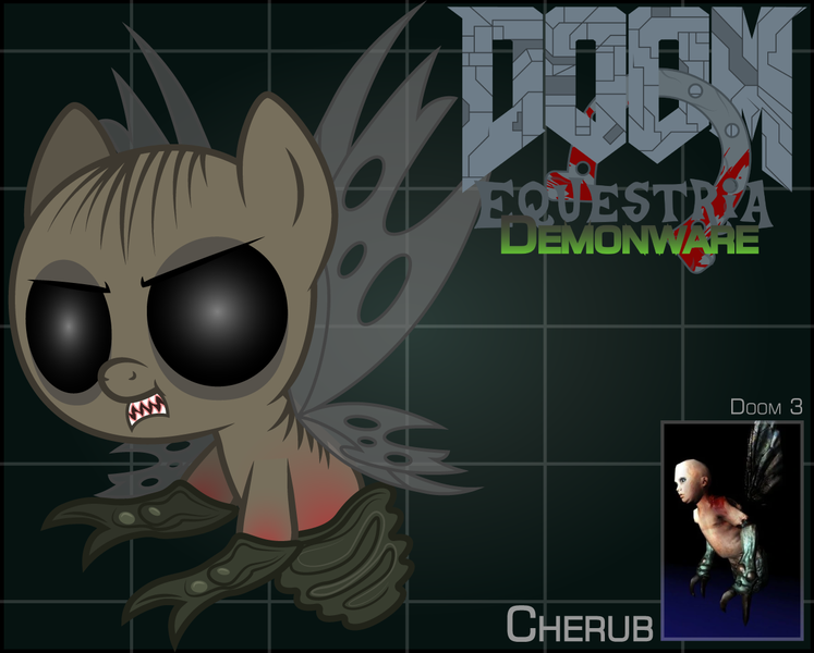 Size: 1241x997 | Tagged: grimdark, artist:ragedox, derpibooru import, ponified, demon, demon pony, original species, pony, baby, baby pony, black eye, blood, cherub, doom, doom 3, doom equestria, horseshoes, insect wings, logo, possessed, show accurate, solo, vector, wings