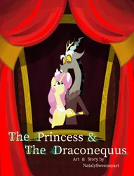 Size: 1280x1679 | Tagged: safe, artist:natalysweeneyart, derpibooru import, discord, fluttershy, alicorn, draconequus, pony, comic:the princess and the draconequus, fanfic, alicornified, bust, curtains, discoshy, fanfic art, fanfic cover, female, fluttercorn, folded wings, holding arms, hoof shoes, jewelry, looking at each other, looking up, male, mare, painting, portrait, race swap, shipping, smiling, straight, tiara, title, wings