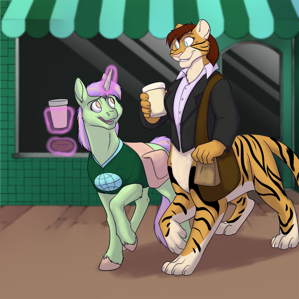 Size: 1000x1000 | Tagged: safe, artist:foxenawolf, derpibooru import, oc, oc:chakat tigerbright, oc:violet woods, unofficial characters only, chakat, original species, taur, unicorn, fanfic:foreign affairs, duo, fanfic art, magic