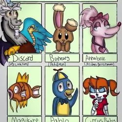 Size: 450x450 | Tagged: anthro, artist needed, bedroom eyes, bird, bowtie, buneary, bust, cheek squish, circus baby, crossover, derpibooru import, discord, draconequus, eyes closed, female, five nights at freddy's, hat, jewelry, magikarp, male, necklace, penguin, pokémon, propeller hat, safe, six fanarts, smiling, source needed, squishy cheeks, waving