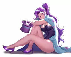 Size: 1280x1024 | Tagged: alternate hairstyle, angel bunny, angel bunny is unamused, animal, anime, artist:tzc, blushing, breasts, busty starlight glimmer, cleavage, cloak, clothes, derpibooru import, high heels, human, humanized, leotard, looking at you, magician outfit, rabbit, shoes, simple background, sitting, solo, starlight glimmer, suggestive, unamused, white background