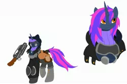 Size: 3198x2126 | Tagged: safe, artist:kurogetsuouji, derpibooru import, oc, oc:lightsworn catalyst, unofficial characters only, pony, unicorn, bag, boots, bust, clothes, gas mask, gun, hood, horn, jacket, mask, saddle bag, shoes, sweater, turtleneck, two toned mane, unicorn oc, weapon