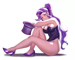 Size: 1200x960 | Tagged: alternate hairstyle, alternate version, anime, artist:tzc, blushing, breasts, busty starlight glimmer, clothes, derpibooru import, hat, high heels, human, legs, leotard, looking at you, shoes, sideass, simple background, sitting, smiling, solo, starlight glimmer, suggestive, white background