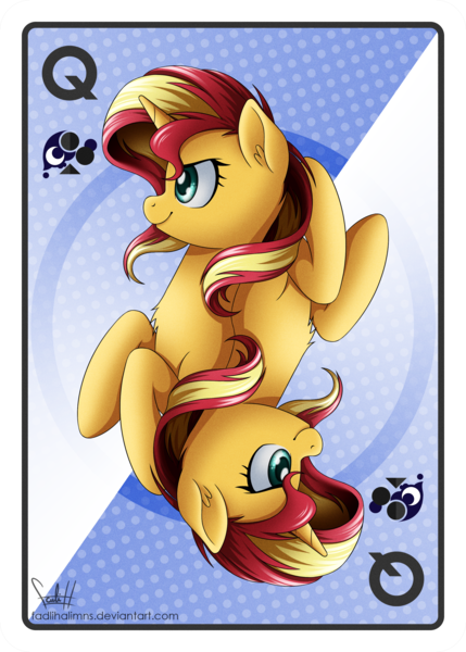 Size: 2143x3000 | Tagged: safe, artist:fadlihalimns, derpibooru import, sunset shimmer, pony, unicorn, card, chest fluff, ear fluff, poker, profile, smiling, solo